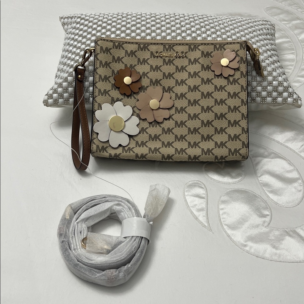 Michael Kors Beige and Brown Floral Crossbody and or wristlet.